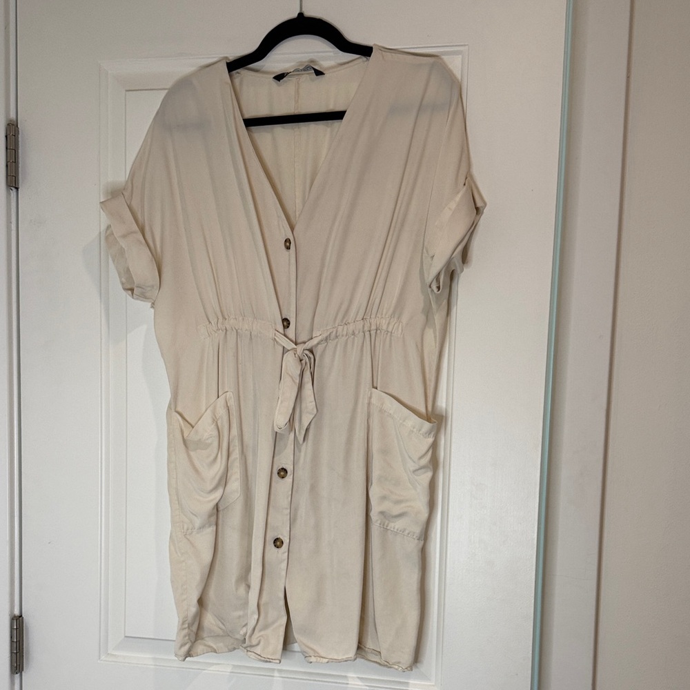 Off-White Button-Down Dress with Pockets
